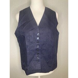 Stephanie Andrew’s Vest Linen Navy Blue Embroidered Women’s Medium Cottagecore